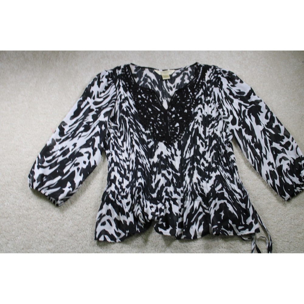White House Black Market Blouse Womens Medium Black White Animal Print Sheer Top